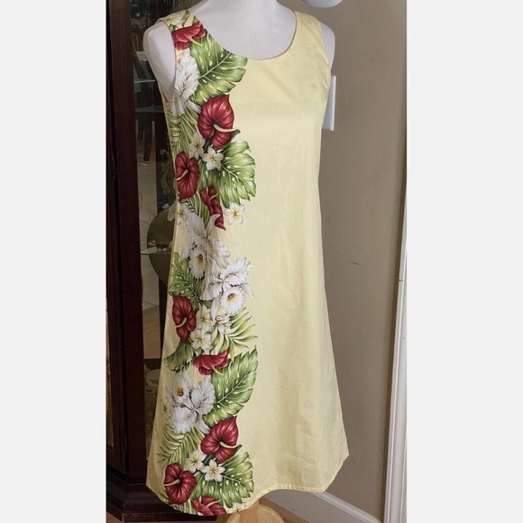 KY's Yellow Tropical Floral Anthurium Orchid Havaiian Midi Tank Dress - Picture 5 of 16